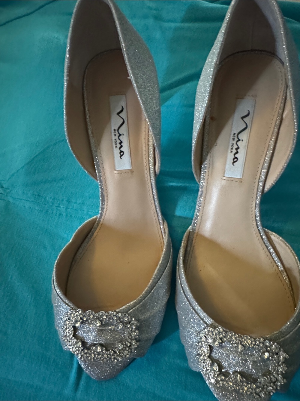 Nina Corrine Metallic Rhinestone Peep Toe Evening Pumps.